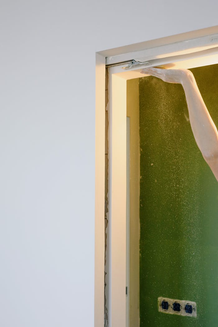 Close-up of a hand smoothing plaster on a door frame in a room under renovation, indoor setting.